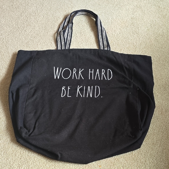 Rae Dunn Handbags - Rae Dunn Black Canvas Tote with White 'Work Hard Be Kind' Text